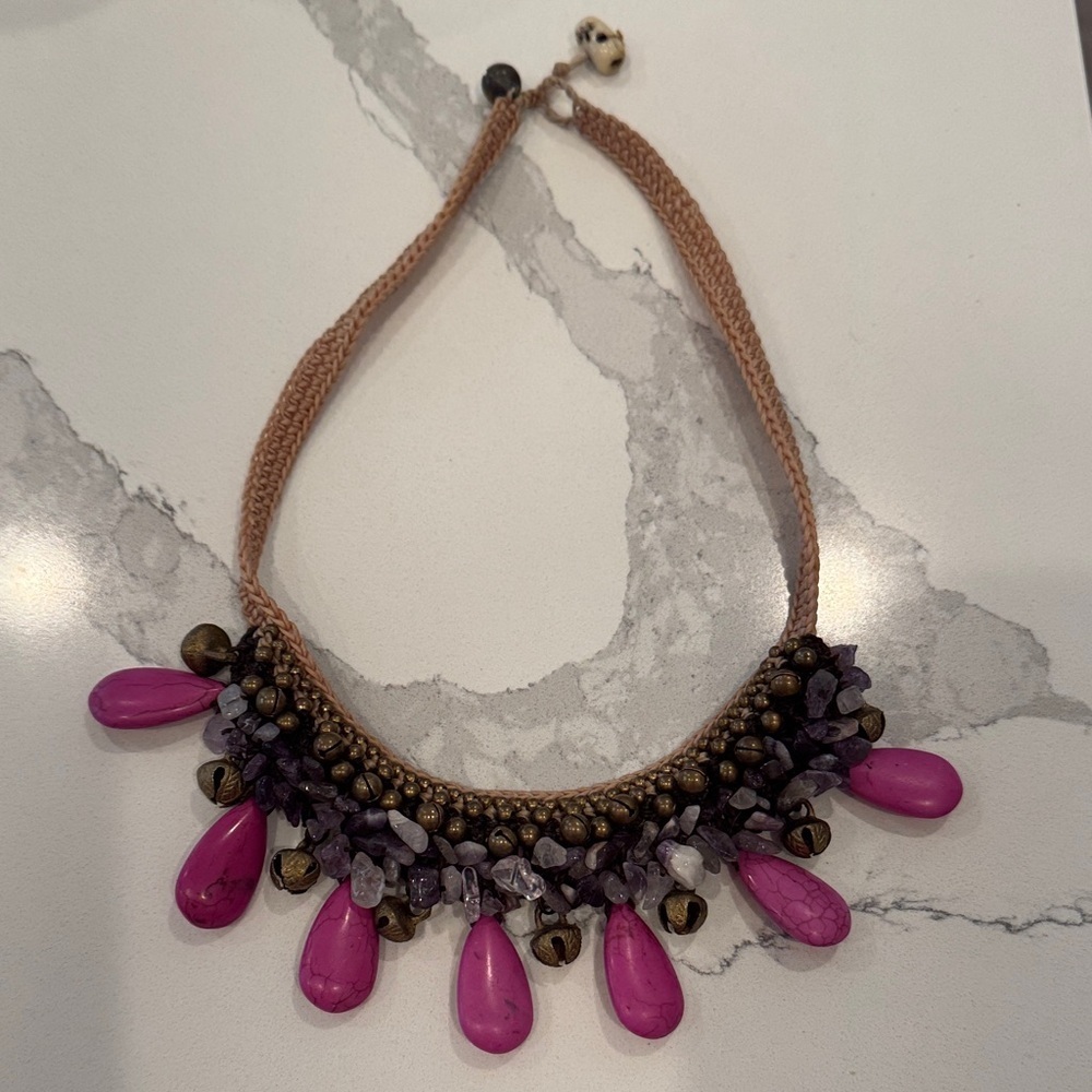 Bohemian Pink Purple Statement Necklace Chunky Beaded Bells